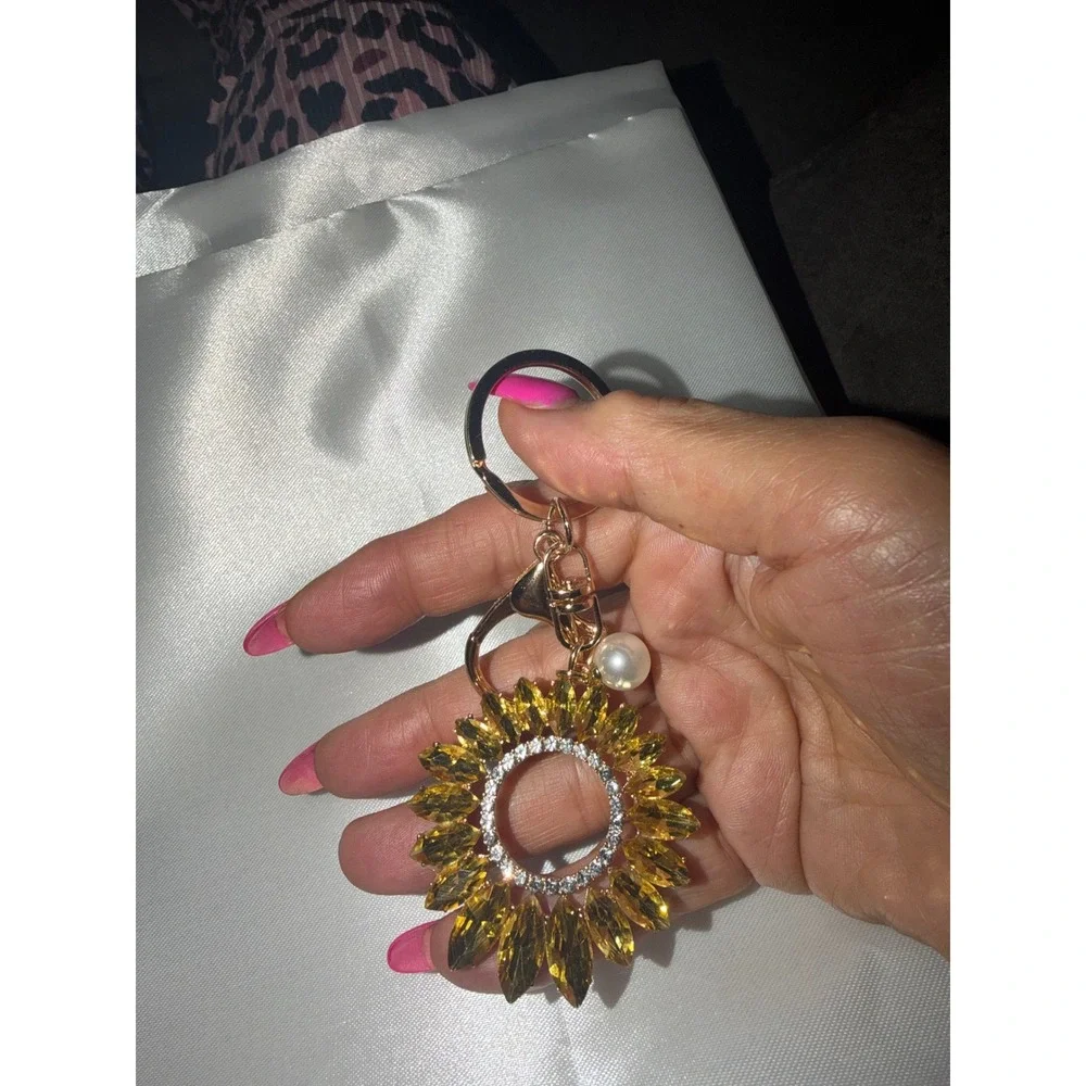 Sunflower Crystal Keychain Yellow Gold Tone Floral Bag Charm with Pearl Accent